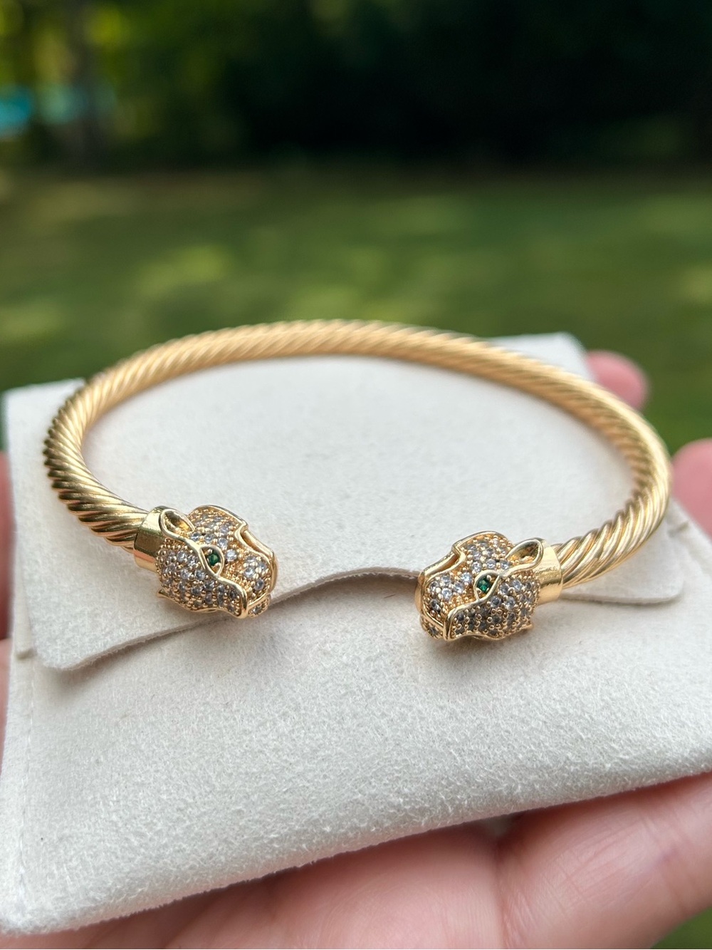 Gold-Tone Panther Head Open Cuff Bracelet with Green Eyes